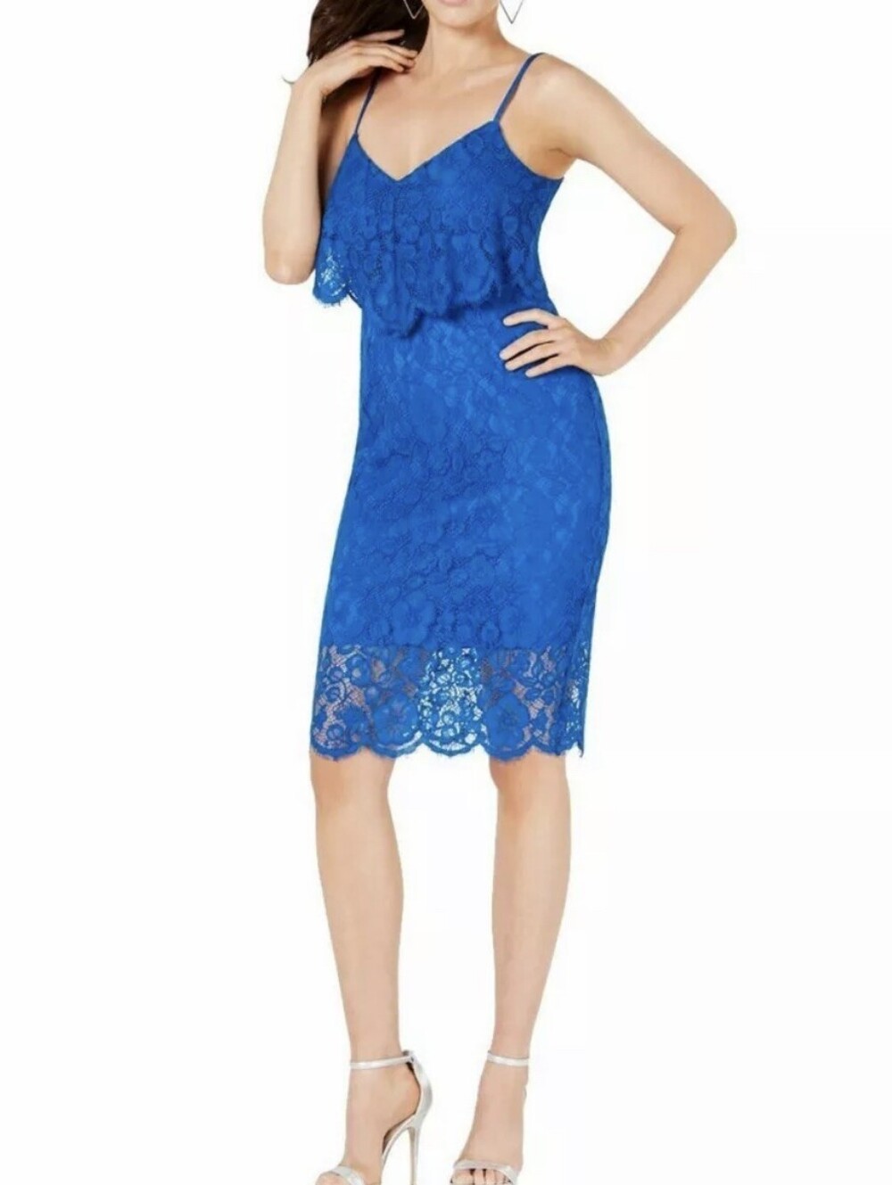 GUESS Royal Blue Lace Ruffled Cocktail Spaghetti Strap Sheath Dress | SZ 2
